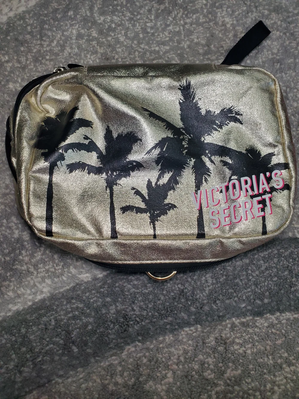 Victoria's Secret Metallic Gold Cosmetic Case with Black Palm Print